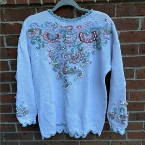 Vintage Boaz 90s Knit Embroidered Embellished Pearl Sweater Size Large